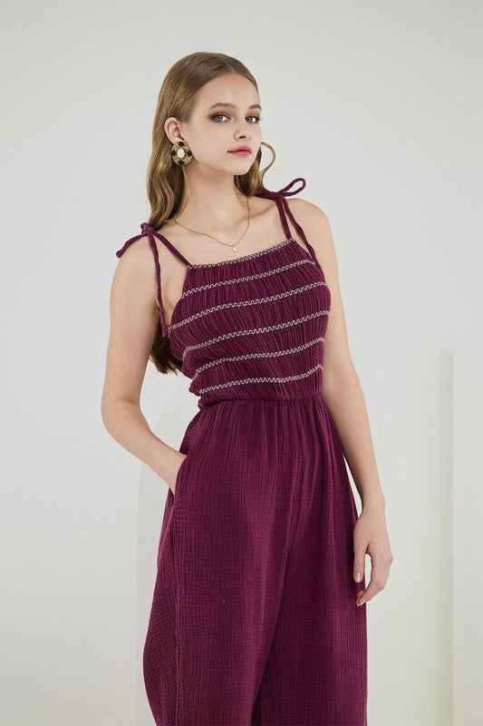 Smocked Top Wide Leg Gauze Jumpsuits