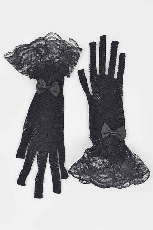 Fishnet Ribbon Lace Ruffle Gloves