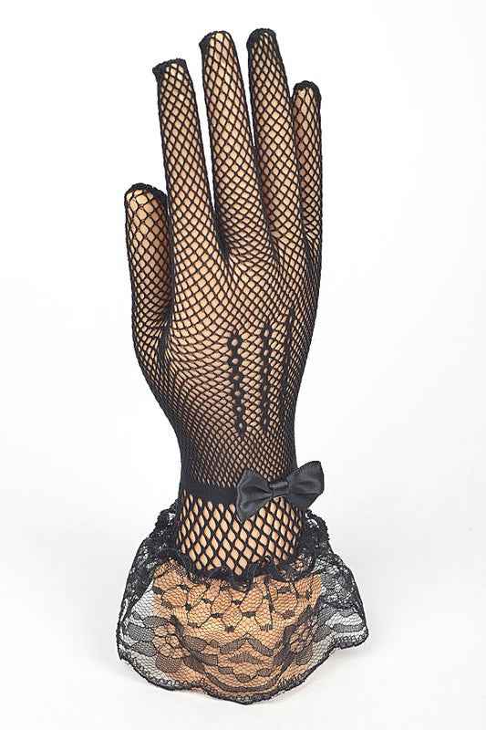 Fishnet Ribbon Lace Ruffle Gloves