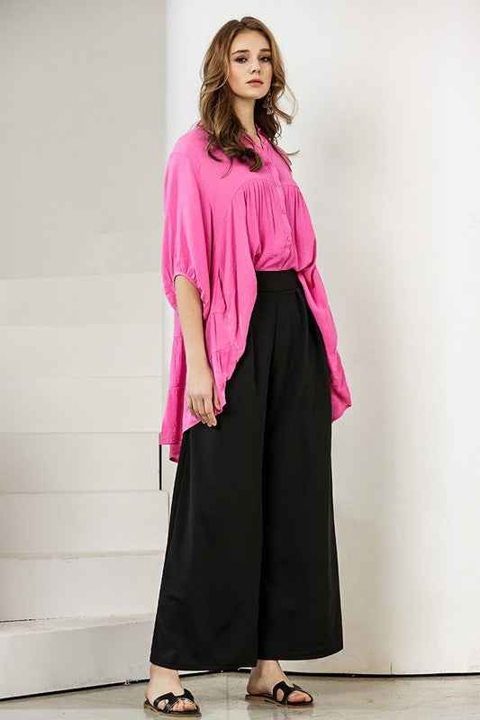 Stretch Crepe High Waist Tuck Wide Leg Pants