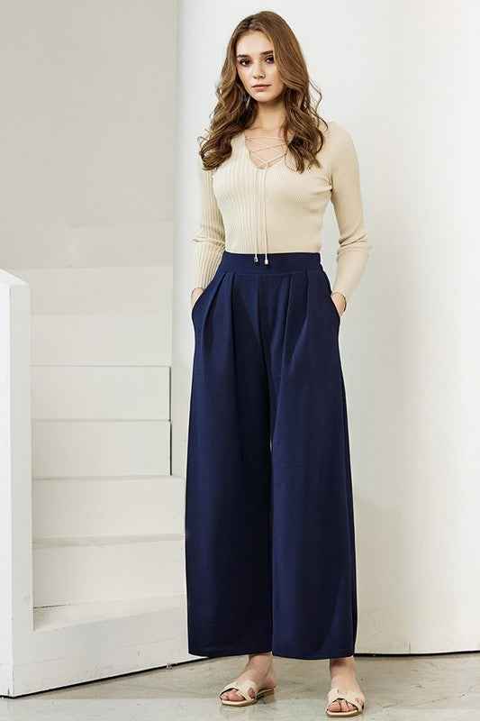 Stretch Crepe High Waist Tuck Wide Leg Pants
