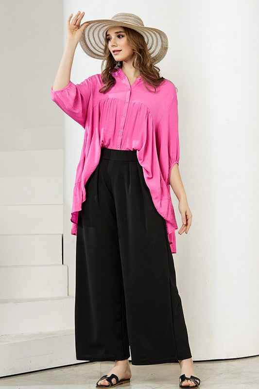Stretch Crepe High Waist Tuck Wide Leg Pants