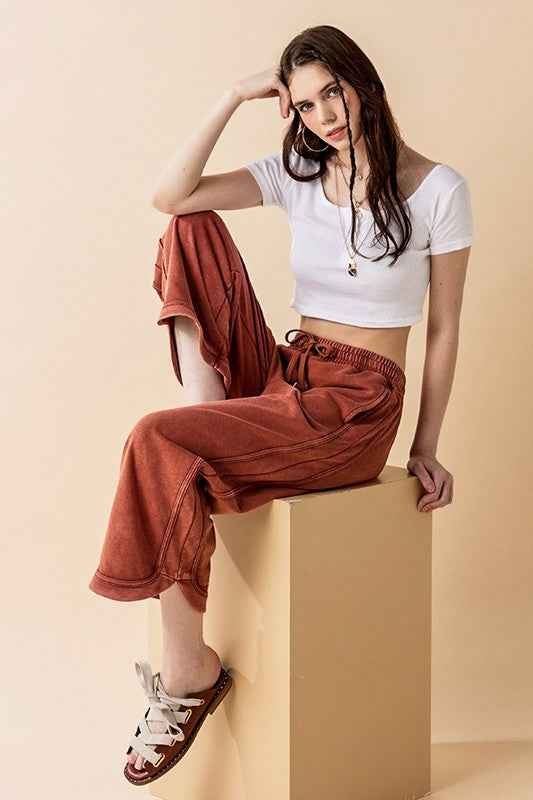 Dolphin Tail Wide Leg Mineral Washed Pants