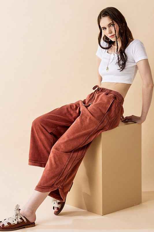Dolphin Tail Wide Leg Mineral Washed Pants