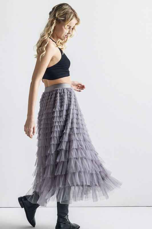 A-Line Tiered Layered Tulle Mesh Maxi Skirt