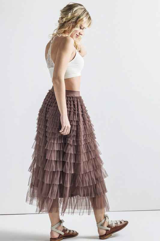 A-Line Tiered Layered Tulle Mesh Maxi Skirt