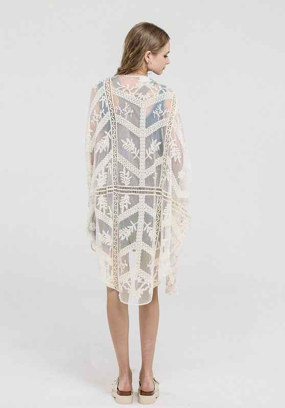 Embroidered Mesh Leaf Cocoon Cardigan