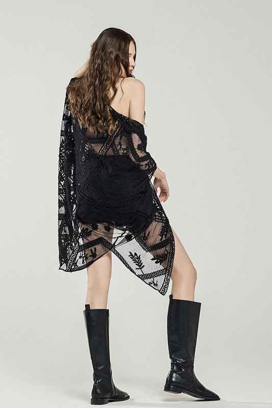 Embroidered Mesh Leaf Cocoon Cardigan