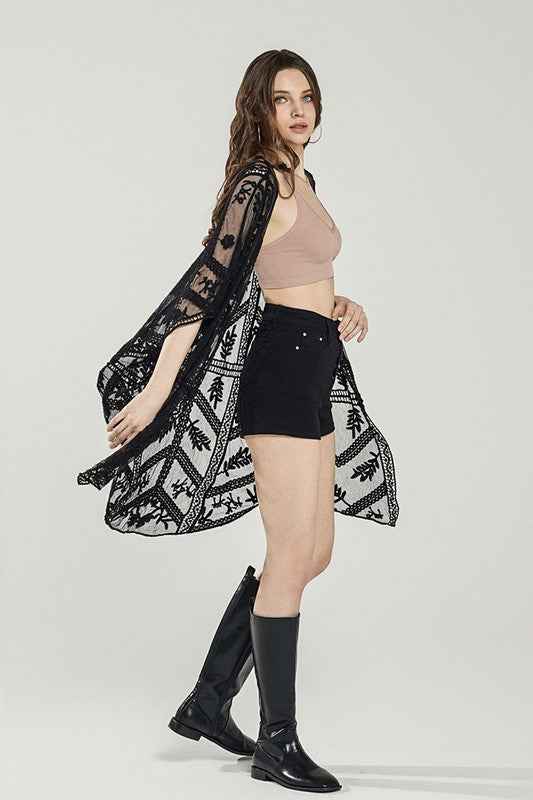 Embroidered Mesh Leaf Cocoon Cardigan