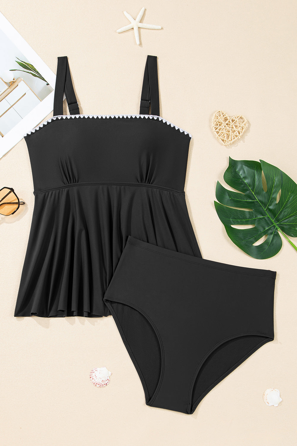 Black Spaghetti Straps Contrasted Ricrac Trim Flared Tankini 2pcs Swimsuit Dear-Lover Dropshipping