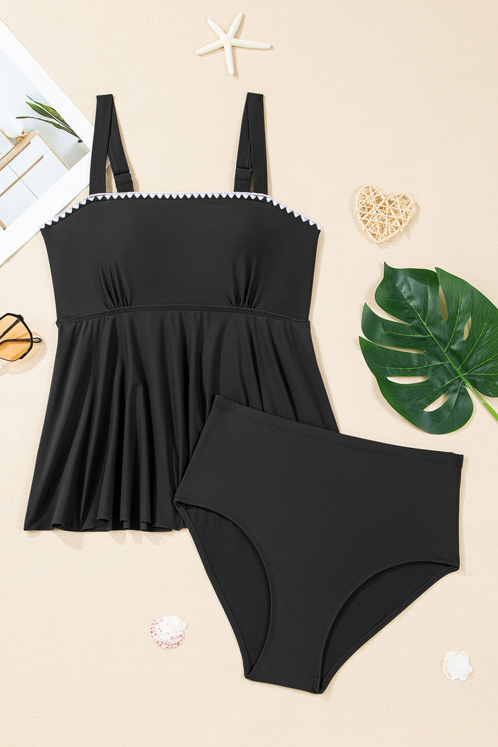 Black Spaghetti Straps Contrasted Ricrac Trim Flared Tankini 2pcs Swimsuit Dear-Lover Dropshipping