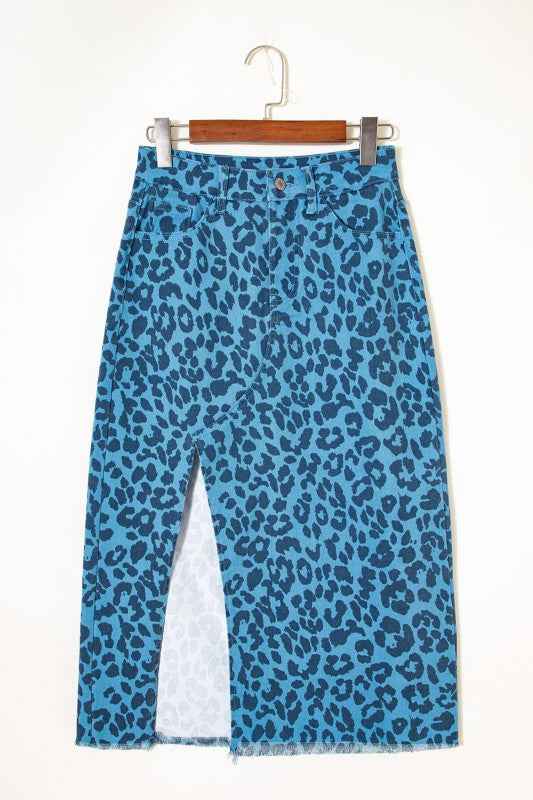 Leopard Denim Frayed Hem Midi Skirt
