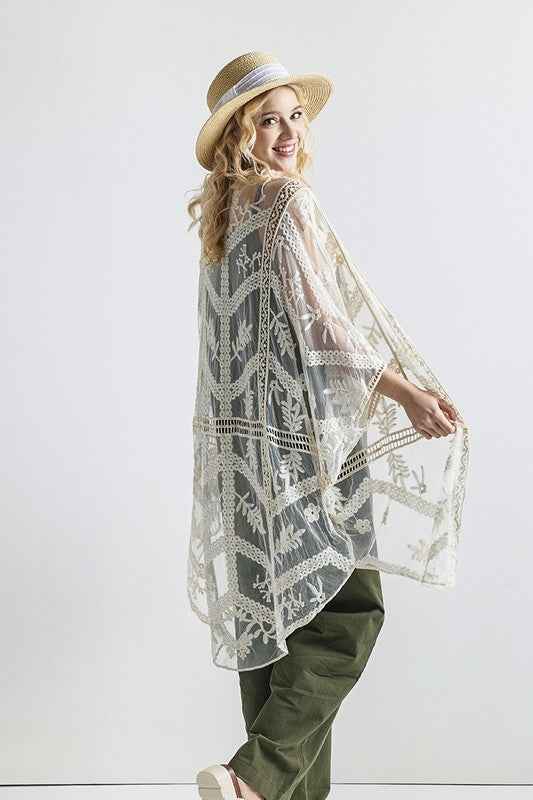 Embroidered Mesh Leaf Cocoon Cardigan