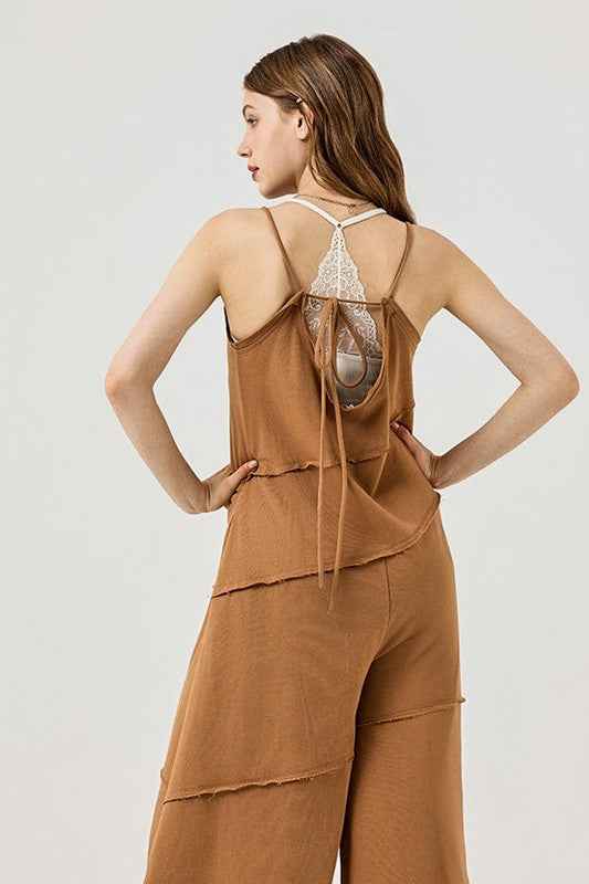 Keyhole back Wide Leg Raw Edge Jumpsuit