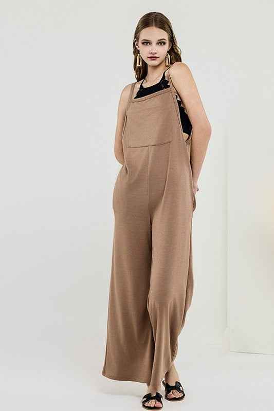 Boho Terry Wide Leg Jumpsuits with Pocket