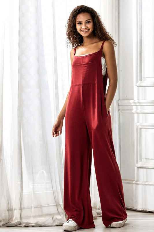 Boho Terry Wide Leg Jumpsuits with Pocket