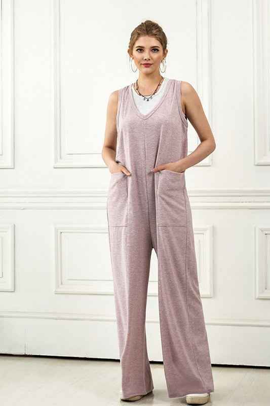 Oversized Patched Pocket V-Neck Jumpsuit