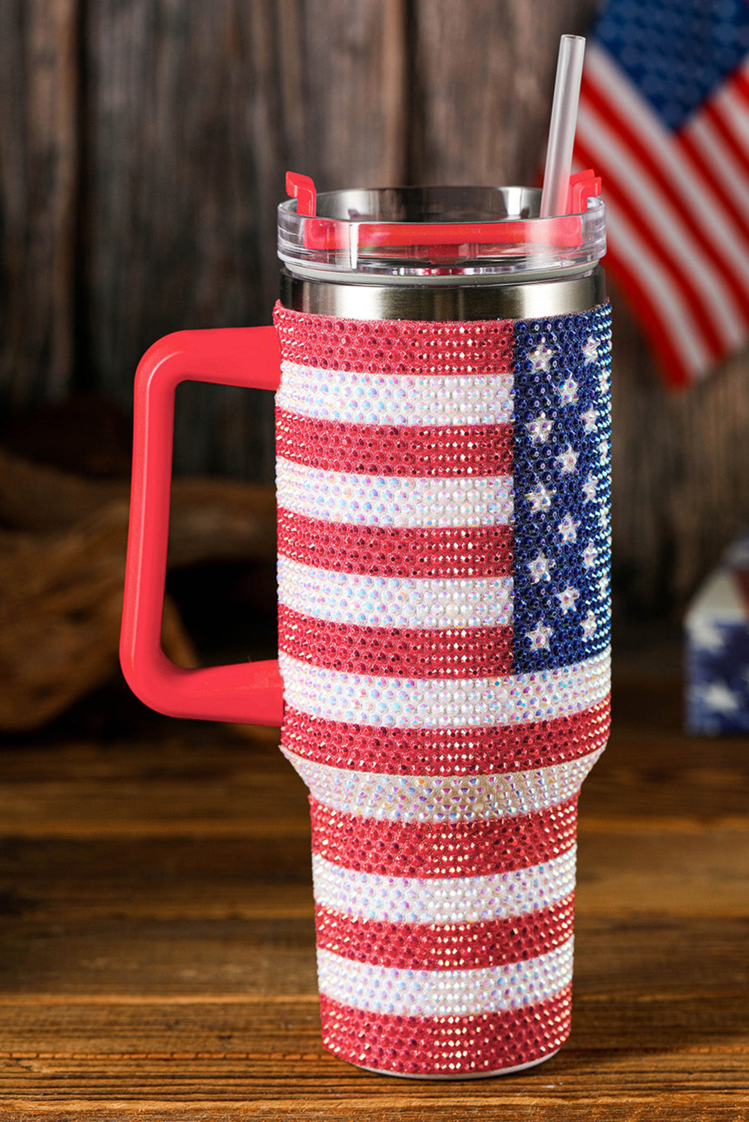 Red Rhinestone American Flag Print Handled 40oz Thermos Tumbler Dear-Lover Dropshipping