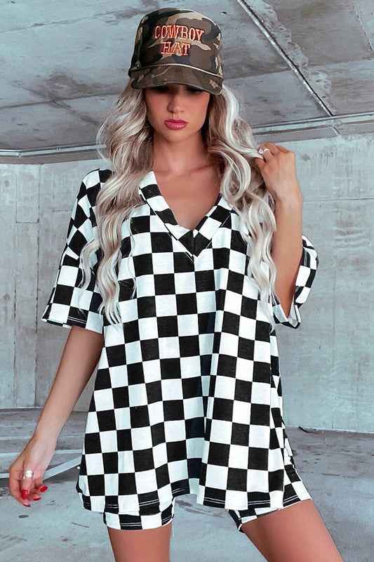 Checkerboard V Neck Tee and Shorts Lounge Set