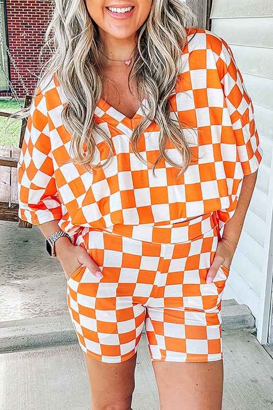 Checkerboard V Neck Tee and Shorts Lounge Set
