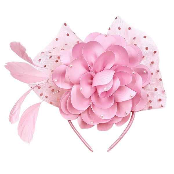 Polka Dot Mesh Silky Flower Feather Fascinator Hat