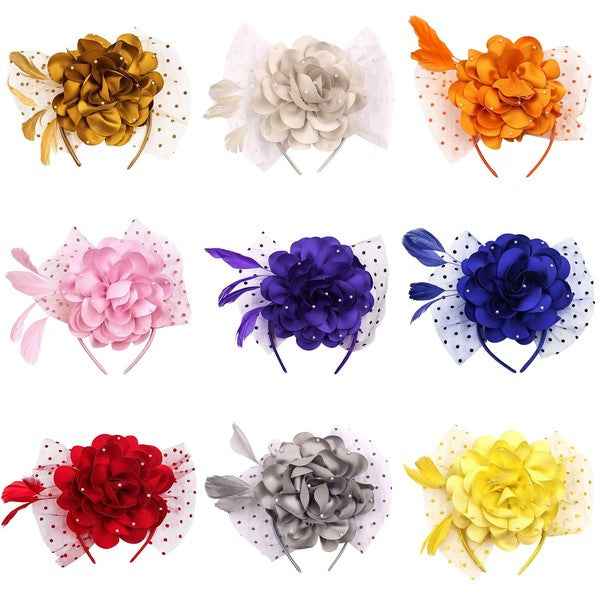 Polka Dot Mesh Silky Flower Feather Fascinator Hat