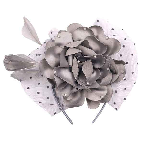 Polka Dot Mesh Silky Flower Feather Fascinator Hat