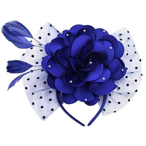 Polka Dot Mesh Silky Flower Feather Fascinator Hat