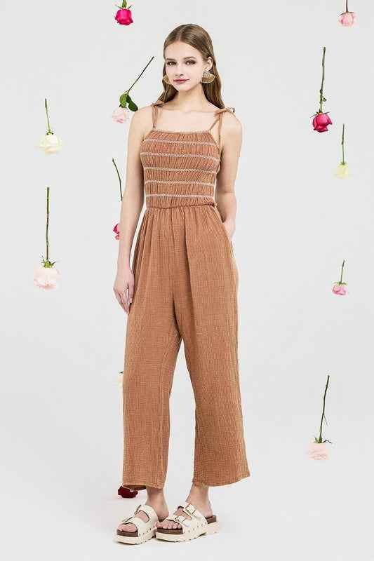Plus Smocked Top Wide Leg Gauze Jumpsuits