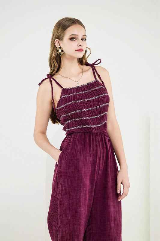 Plus Smocked Top Wide Leg Gauze Jumpsuits