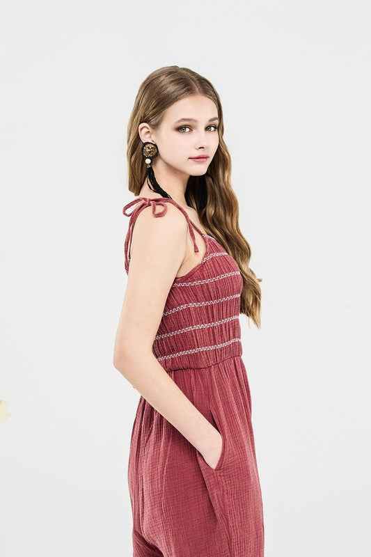 Plus Smocked Top Wide Leg Gauze Jumpsuits