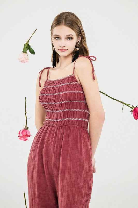 Plus Smocked Top Wide Leg Gauze Jumpsuits