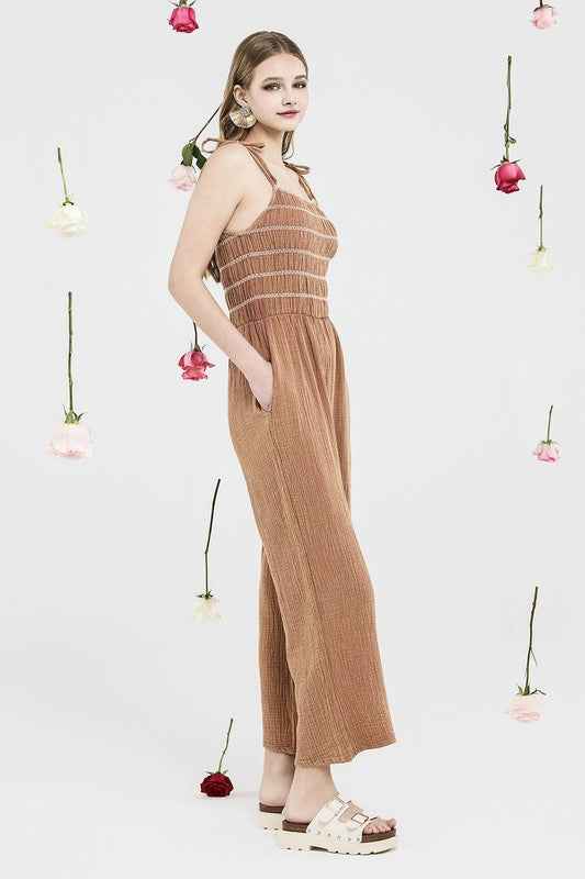 Plus Smocked Top Wide Leg Gauze Jumpsuits