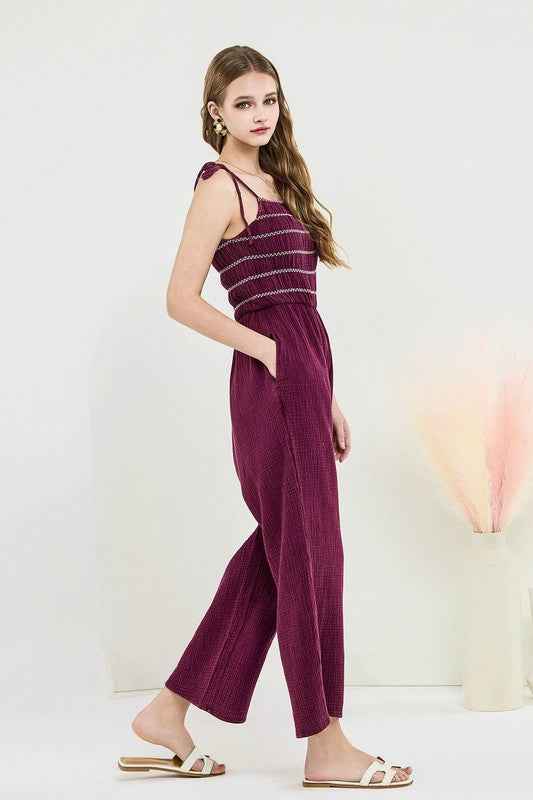 Plus Smocked Top Wide Leg Gauze Jumpsuits