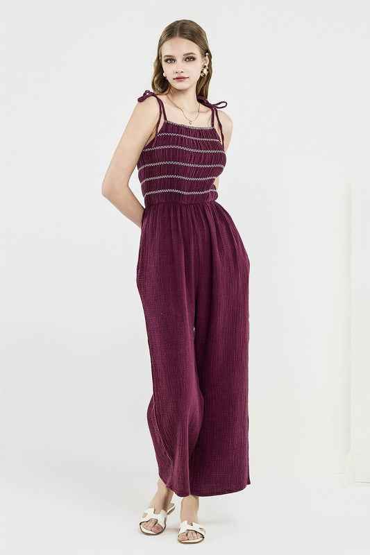 Plus Smocked Top Wide Leg Gauze Jumpsuits