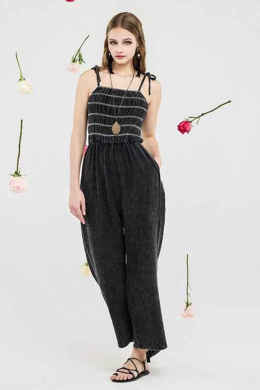 Plus Smocked Top Wide Leg Gauze Jumpsuits