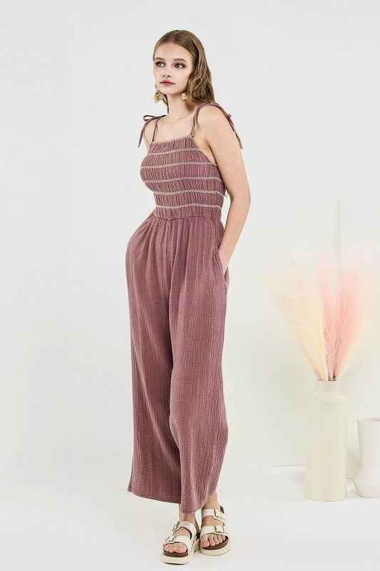 Plus Smocked Top Wide Leg Gauze Jumpsuits
