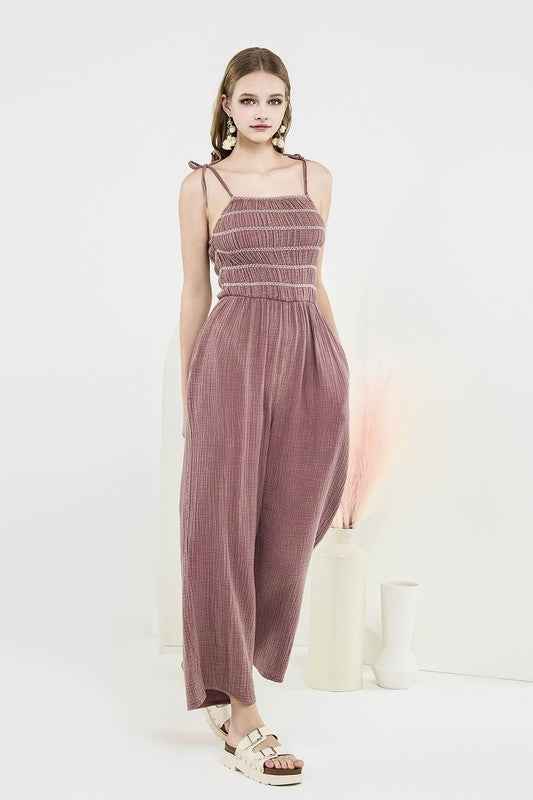 Plus Smocked Top Wide Leg Gauze Jumpsuits