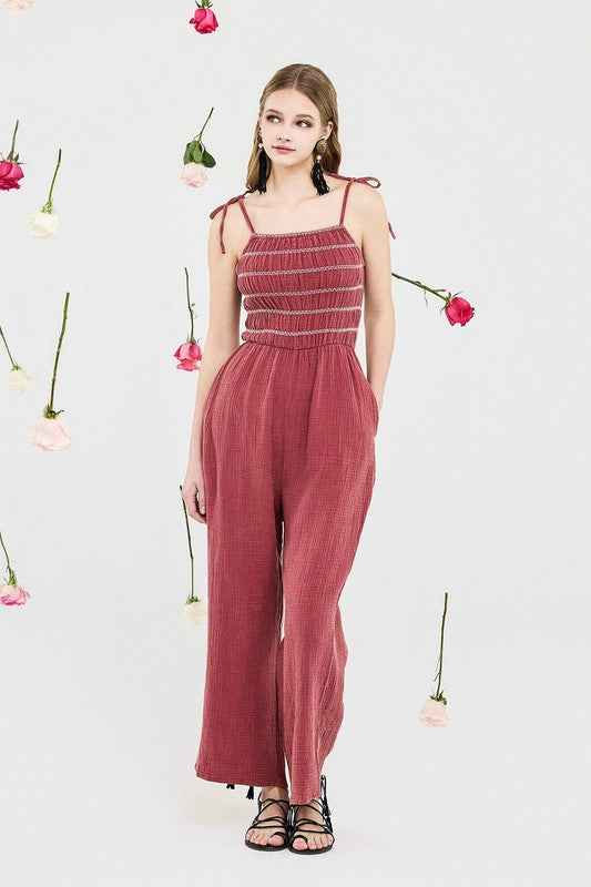 Plus Smocked Top Wide Leg Gauze Jumpsuits