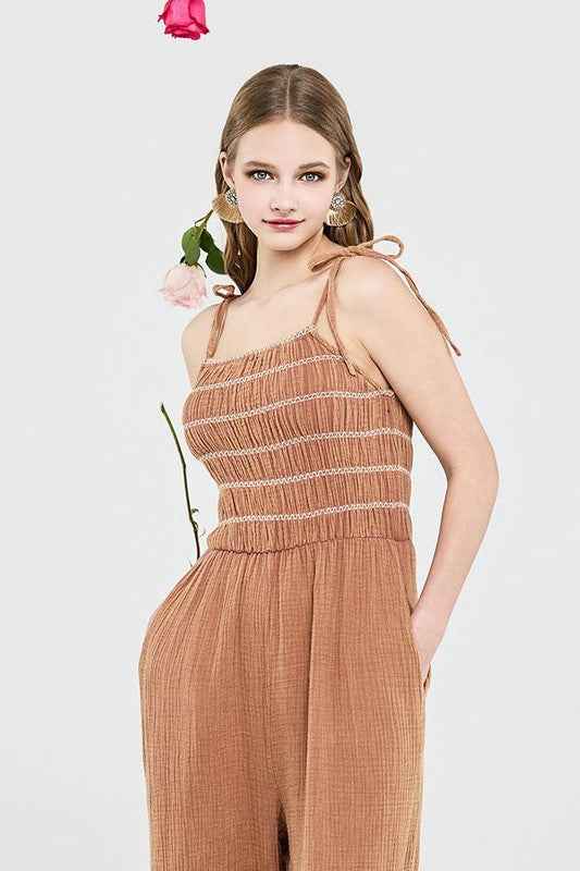 Plus Smocked Top Wide Leg Gauze Jumpsuits