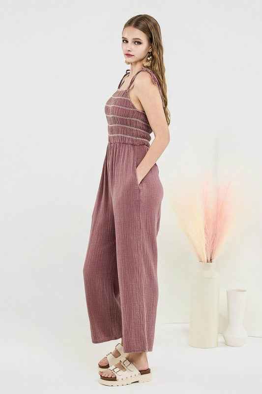 Plus Smocked Top Wide Leg Gauze Jumpsuits