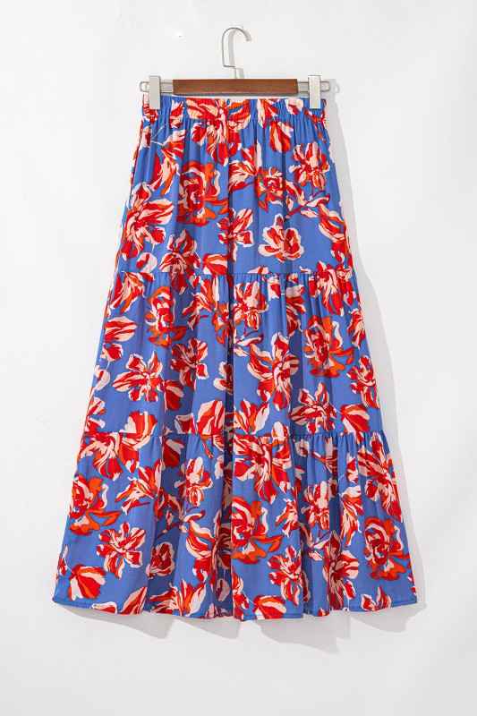 Boho Floral Tiered Side Slit Maxi Skirt