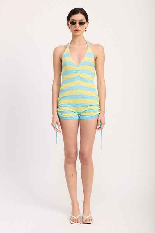 STRIPED KNIT HALTER NECK ROMPER WITH DRAWSTRINGS