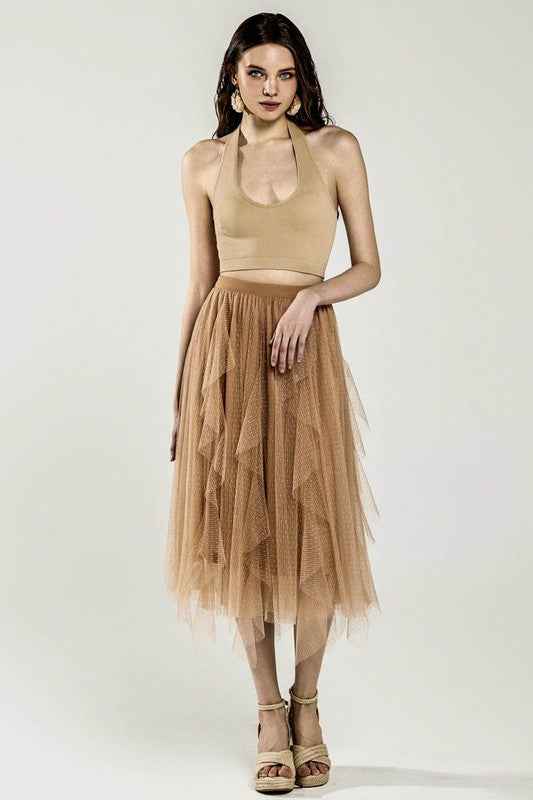 Plus Waterfall PolkaDot Mesh Ruffle Midi Skirt