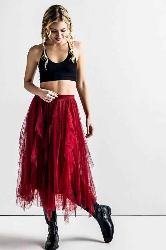 Plus Waterfall PolkaDot Mesh Ruffle Midi Skirt