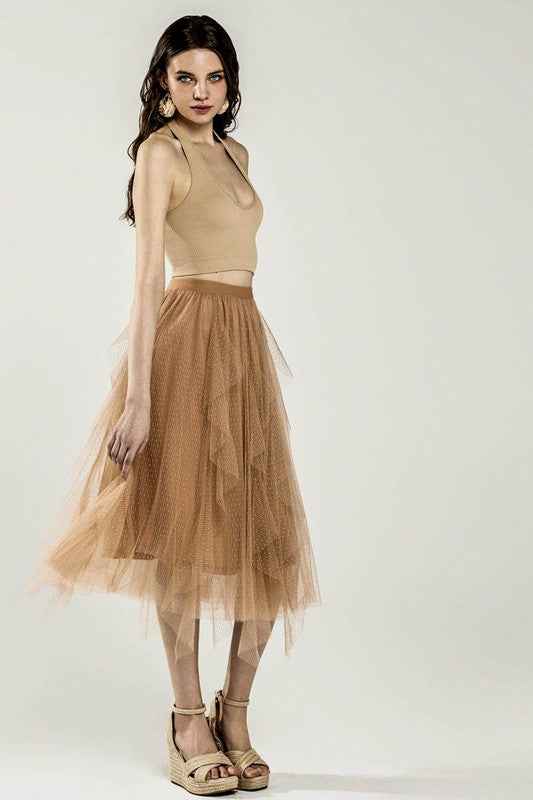 Plus Waterfall PolkaDot Mesh Ruffle Midi Skirt