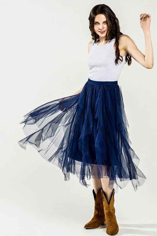 Plus Waterfall PolkaDot Mesh Ruffle Midi Skirt