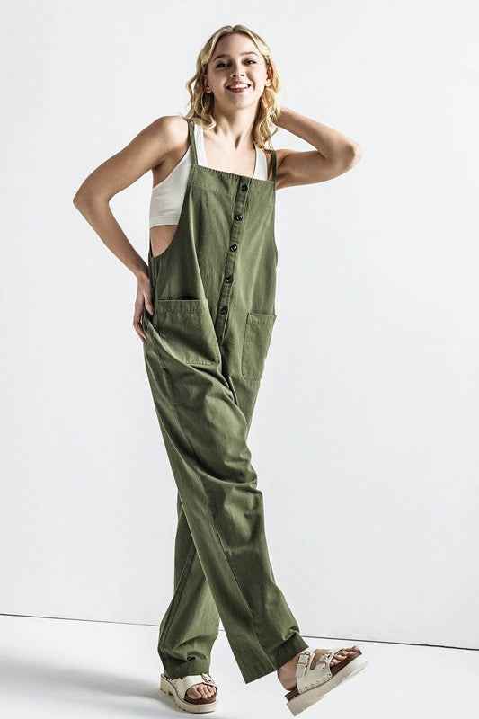 Plus Button Down Sleeveless Overall Jumpsuit