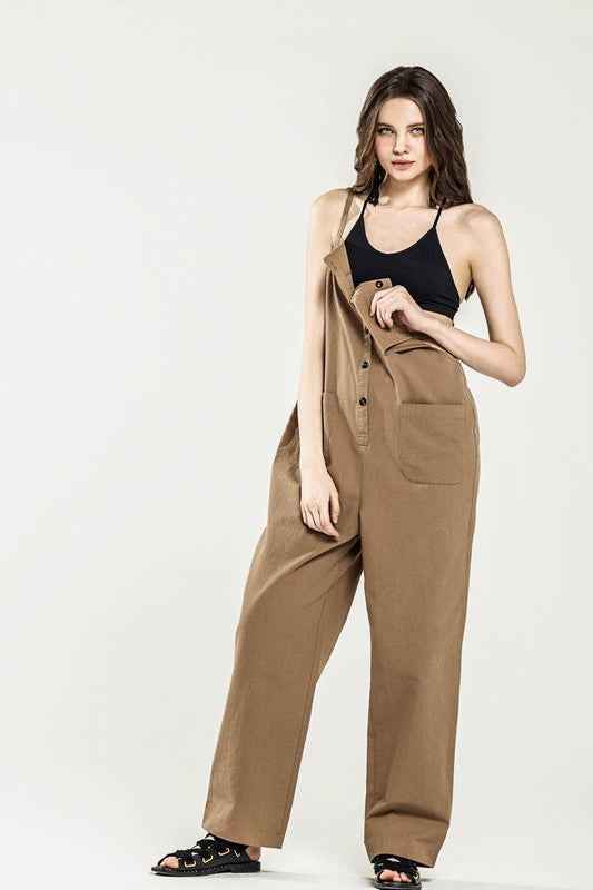 Plus Button Down Sleeveless Overall Jumpsuit