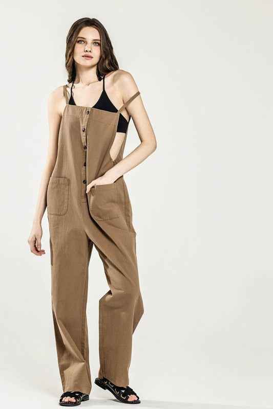 Plus Button Down Sleeveless Overall Jumpsuit